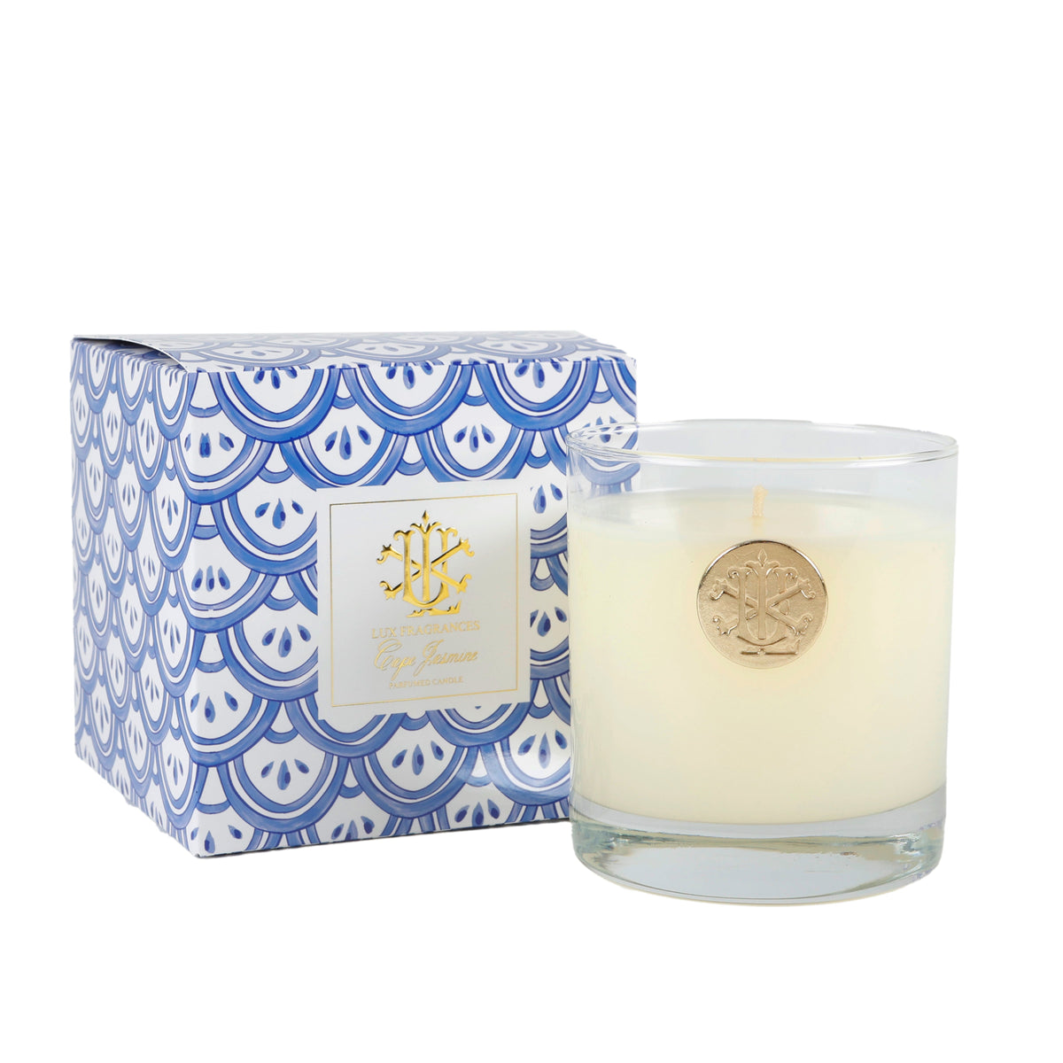 Cape Jasmine 8 oz Blue and White Designer Box Candle