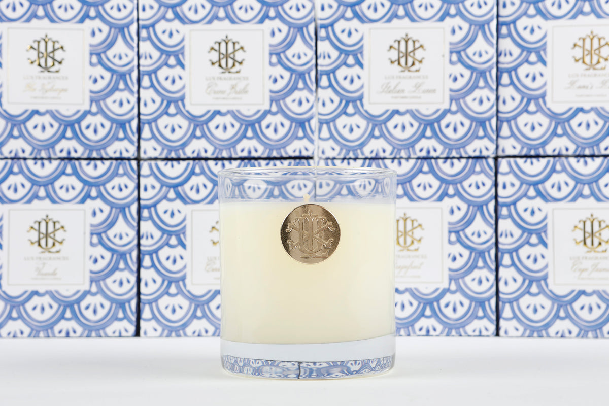 Lover's Lane 8 oz Blue and White Designer Box Candle