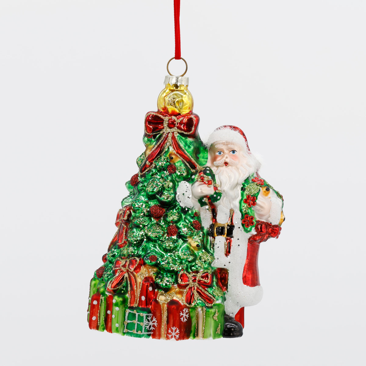 6.5"x5.1"x 3.5" GLASS SANTA WITH CHRISTMAS TREE ORN
