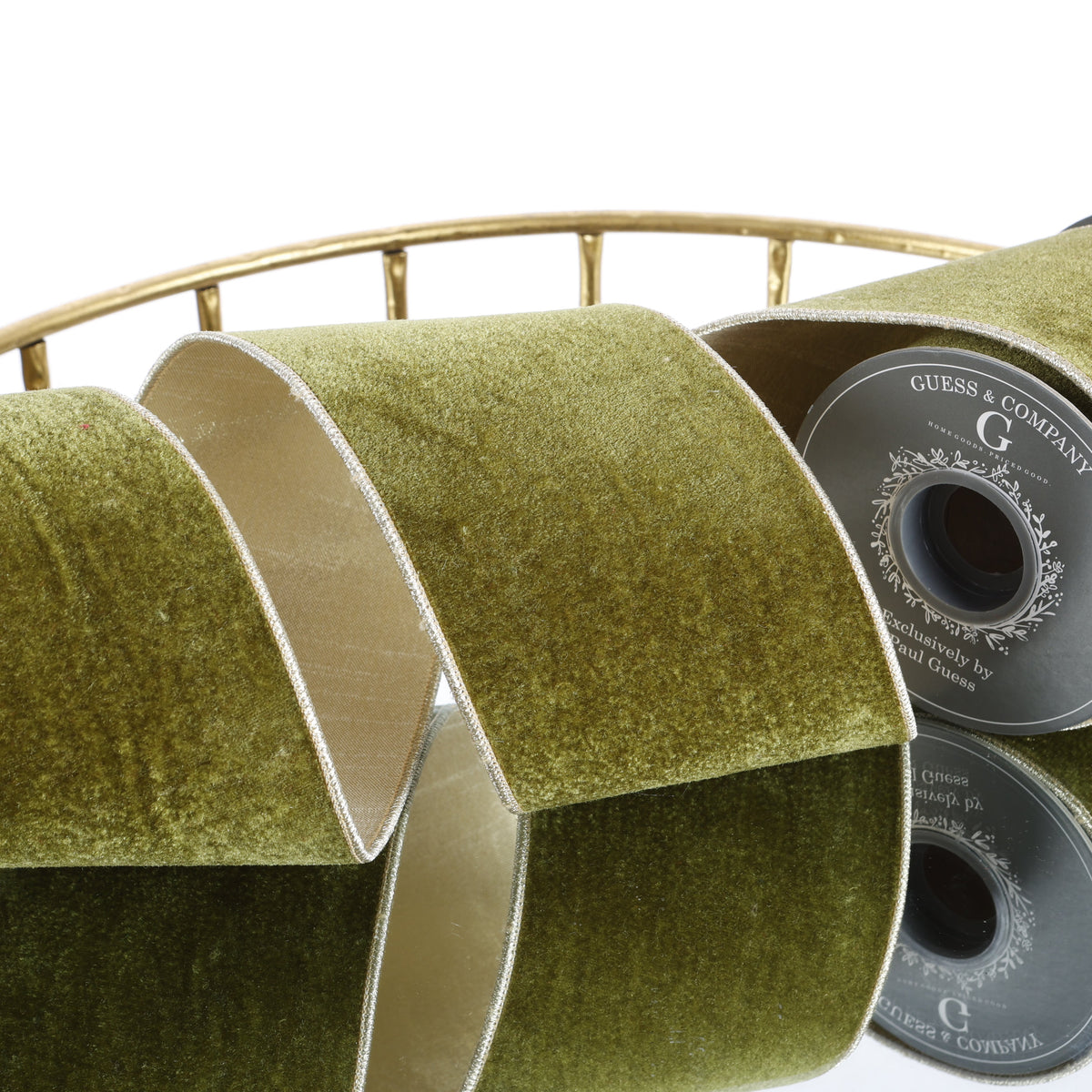 4" X 5 YDS OLIVE GREEN PLUSH VELVET WITH LT GOLD DUPION BACK RIBBON