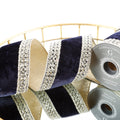 4" X 5 YD GOLD TRIM ON NAVY PLUSH VELVET WITH LT GOLD DUPION BACK RIBBON