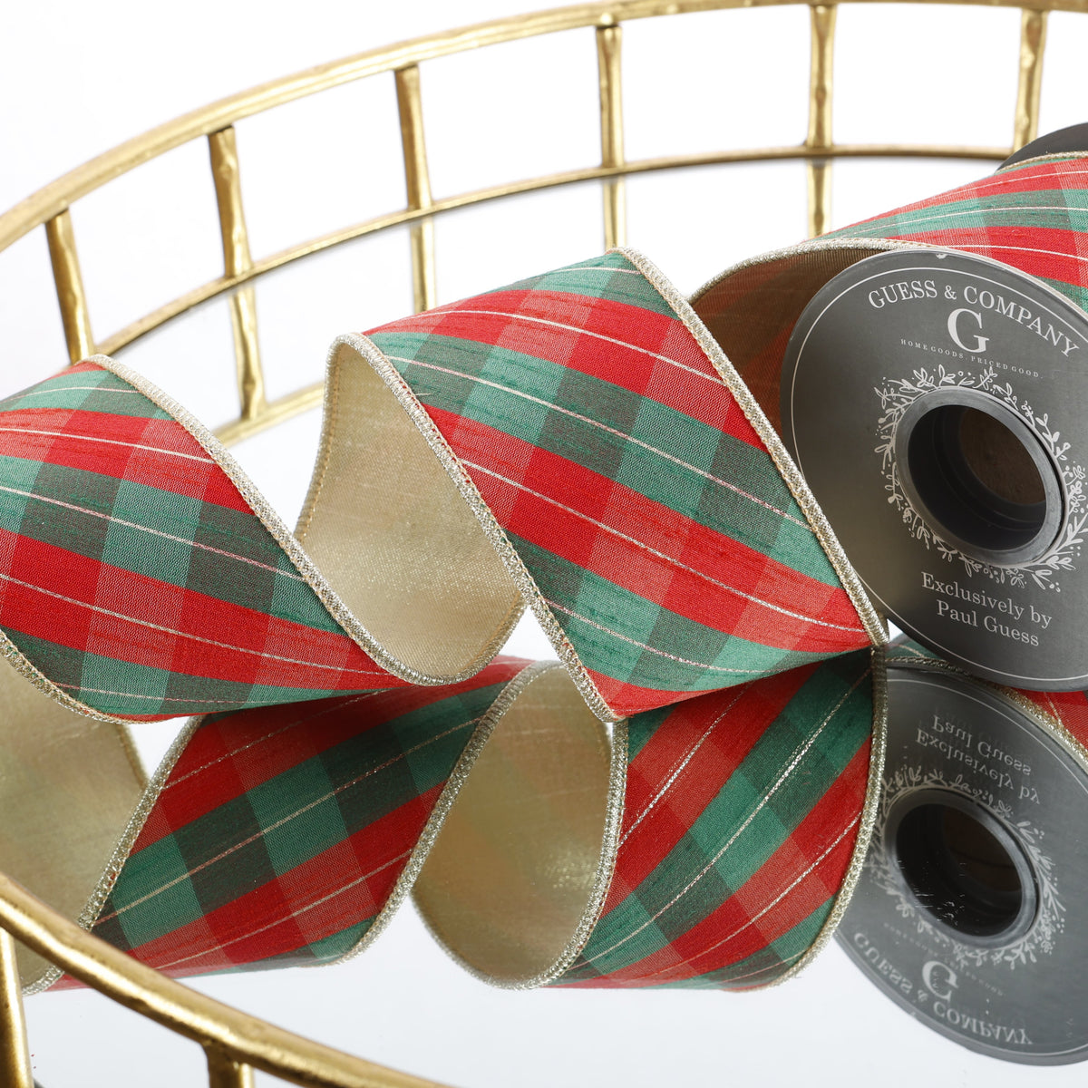 2.5"X 5 YD RED/GREEN/GOLD DUPION PLAID CHECKS WITH LT GOLD METALLIC DUPION BACK RIBBON