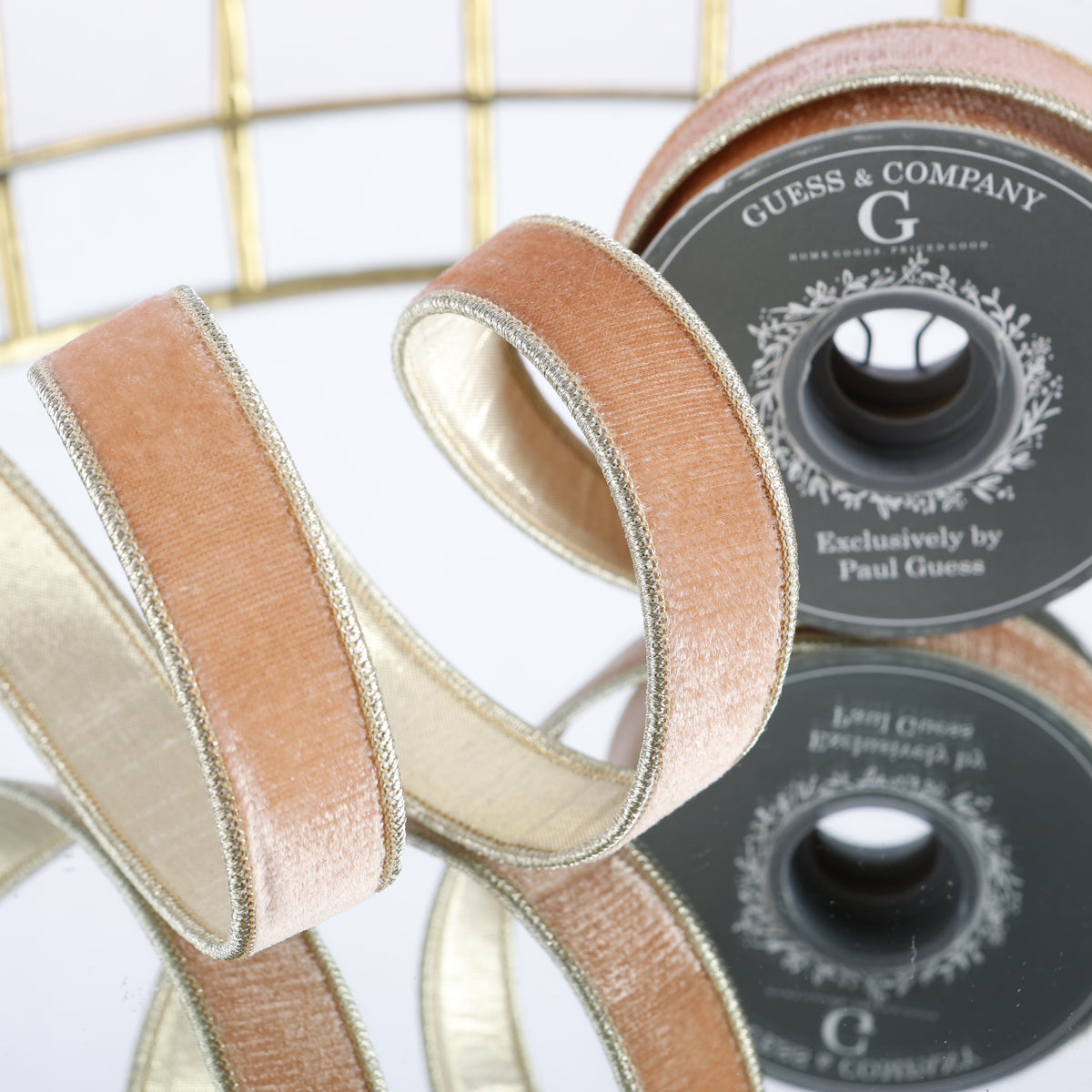 1" X 5 YDS PEACH PLUSH VELVET WITH LT GOLD BACK RIBBON