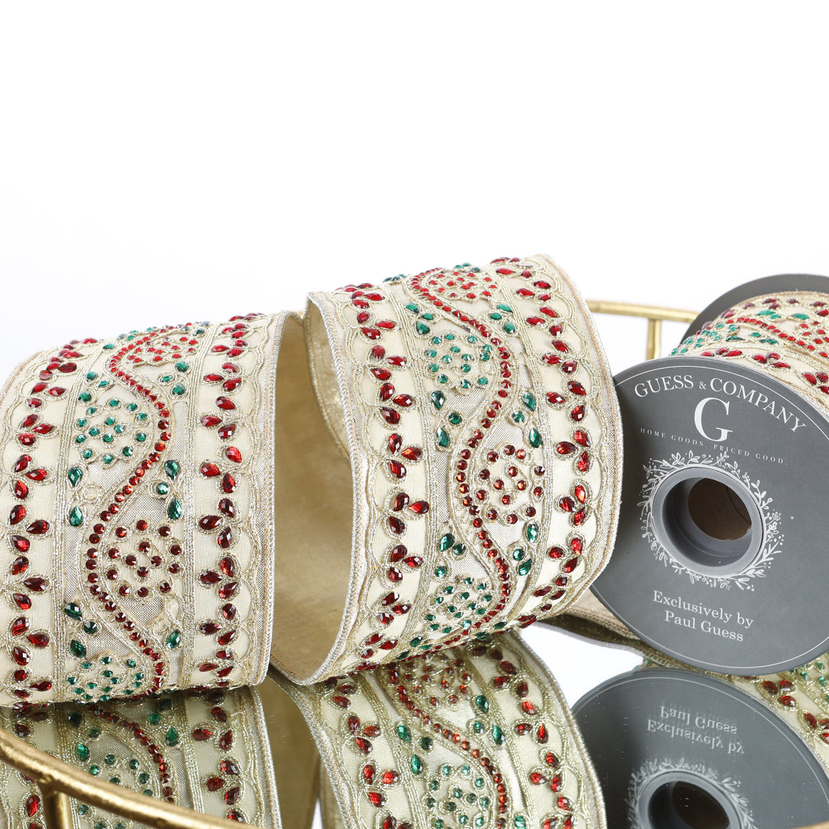 4"X 5 YD TRIM ON LIGHT GOLD METALLIC DUPION WITH SAME BACK RIBBON