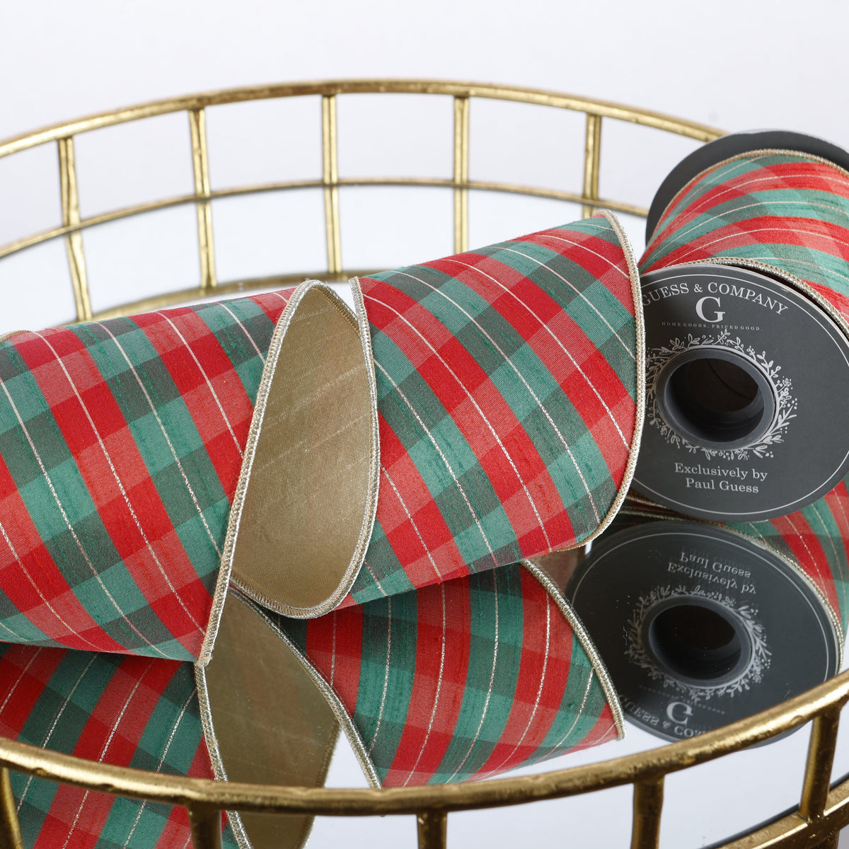 4" X 5 YD RED/GREEN/GOLD DUPION PLAID CHECKS WITH LT GOLD METALLIC DUPION BACK RIBBON