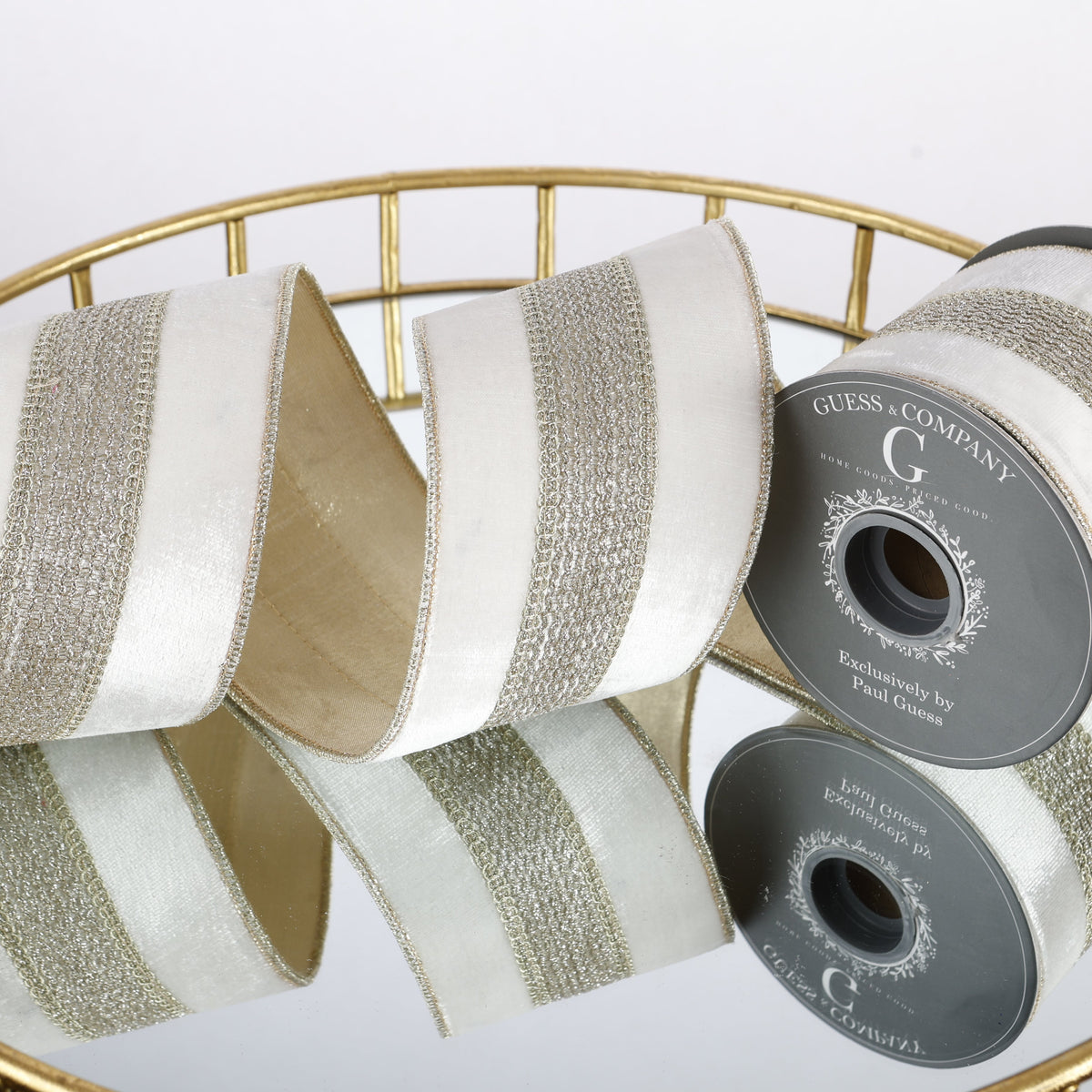4"X 5 YD TRIM ON WHITE PLUSH VELVET WITH LIGHT GOLD METALLIC DUPION BACK