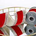 4" X 5 YD TRIM ON RED VELVET WITH LT GOLD DUPION BACK RIBBON