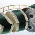 4"X 5 YD TRIM ON GREEN PLUSH VELVET WITH LIGHT GOLD METALLIC DUPION BACK RIBBON