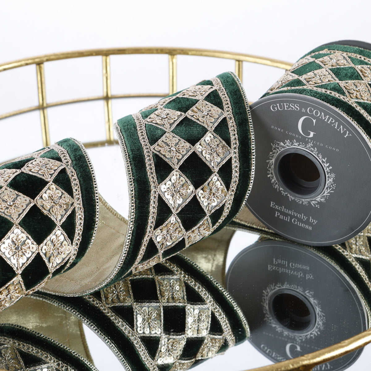 4"X 5 YD DARK GREEN VELVET WITH GOLD DIAMOND DUPION BACKED RIBBON