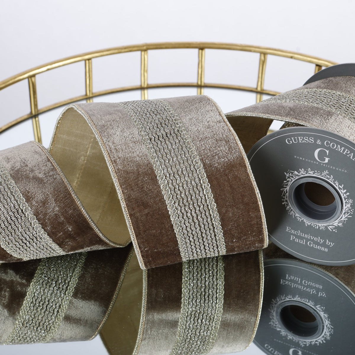 4"X 5 YD TRIM ON BROWN PLUSH VELVET WITH LIGHT GOLD METALLIC  DUPION BACK