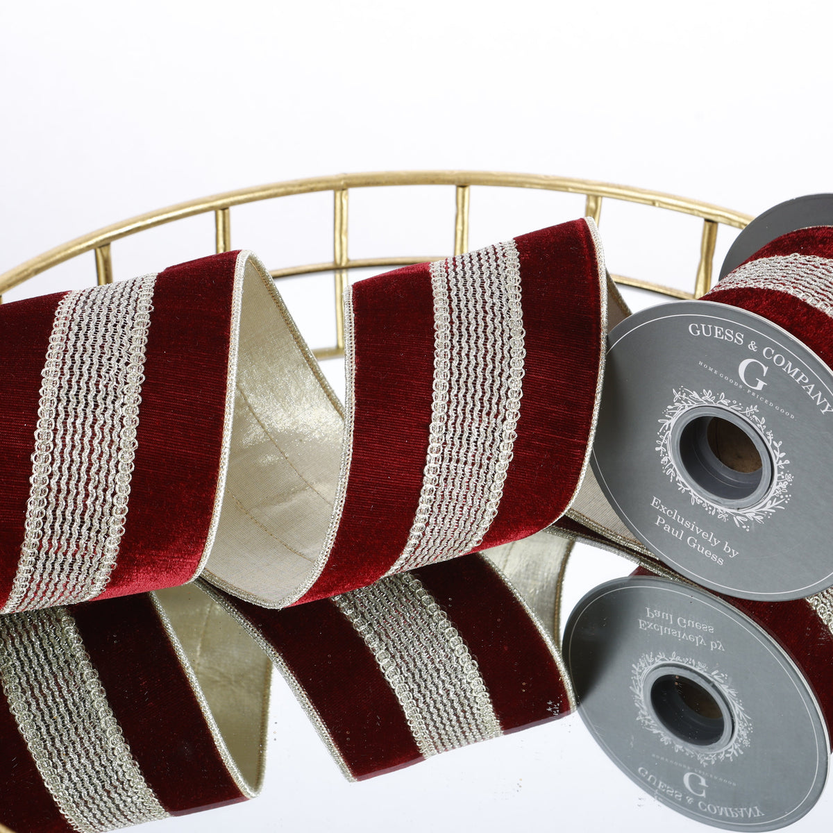 4"X 5 YD TRIM ON BURGUNDY VELVET WITH LT GOLD METALLIC DUPION BACK RIBBON