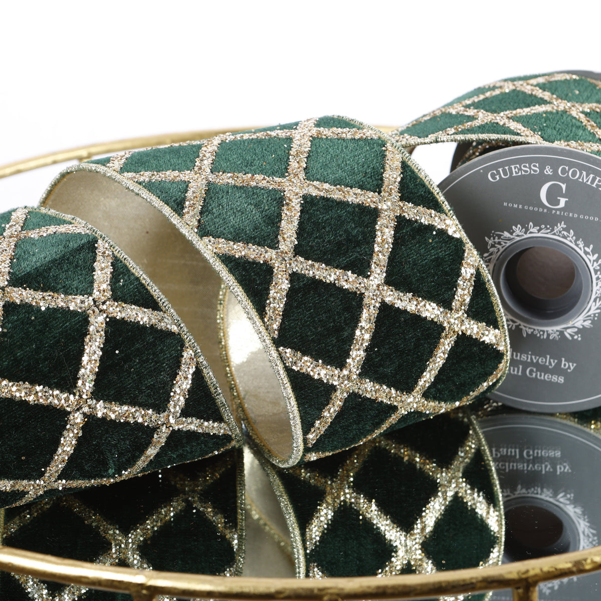 4"X 5 YD GLITTER PRINT ON GREEN PLUSH VELVET WITH LT GOLD METALLIC DUPION BACK RIBBON