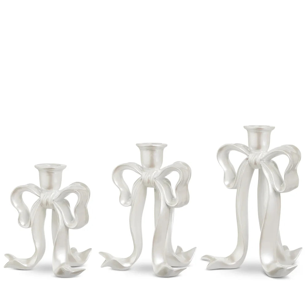 8" White Pearlescent Bow Candlesticks (MEDIUM ONLY)