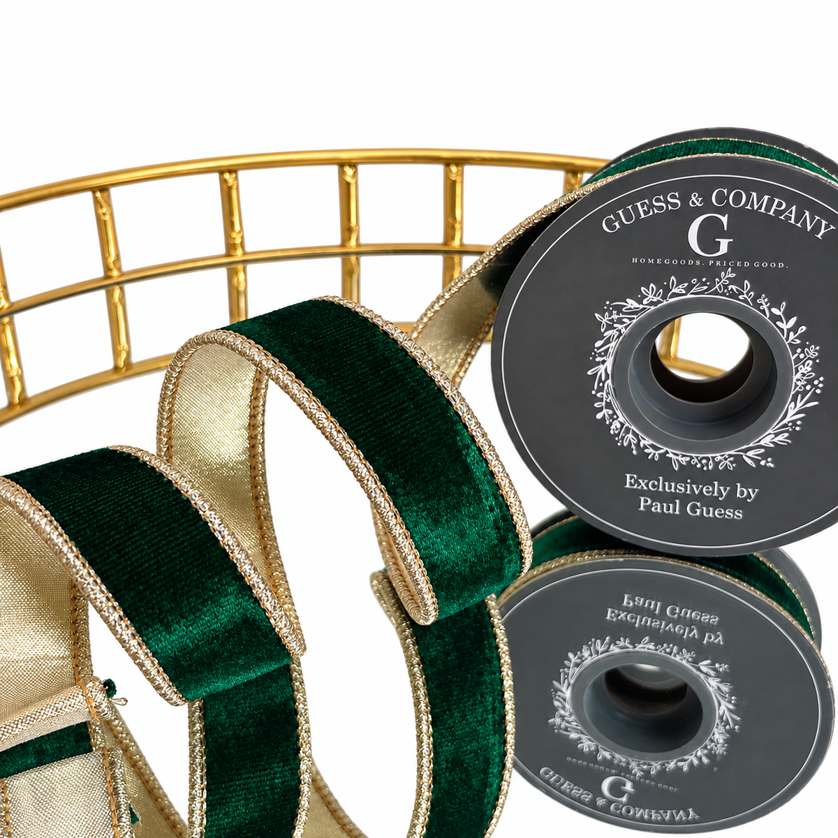 1" X 5 YD EMERALD GREEN PLUSH VELVET WITH LIGHT GOLD BACK RIBBON
