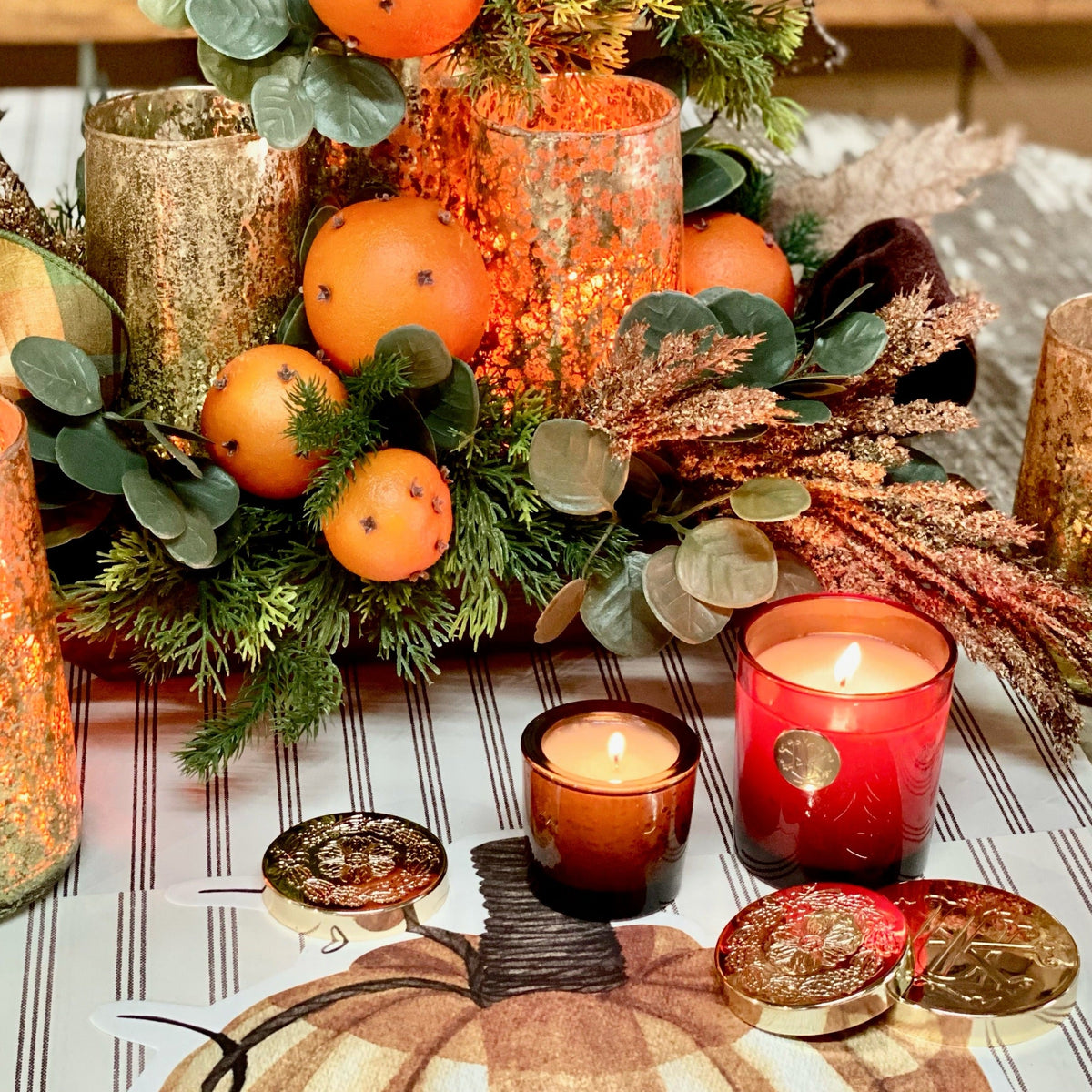 Thanksgiving Story- Brown Triple Stripe On Cream Table Runner..