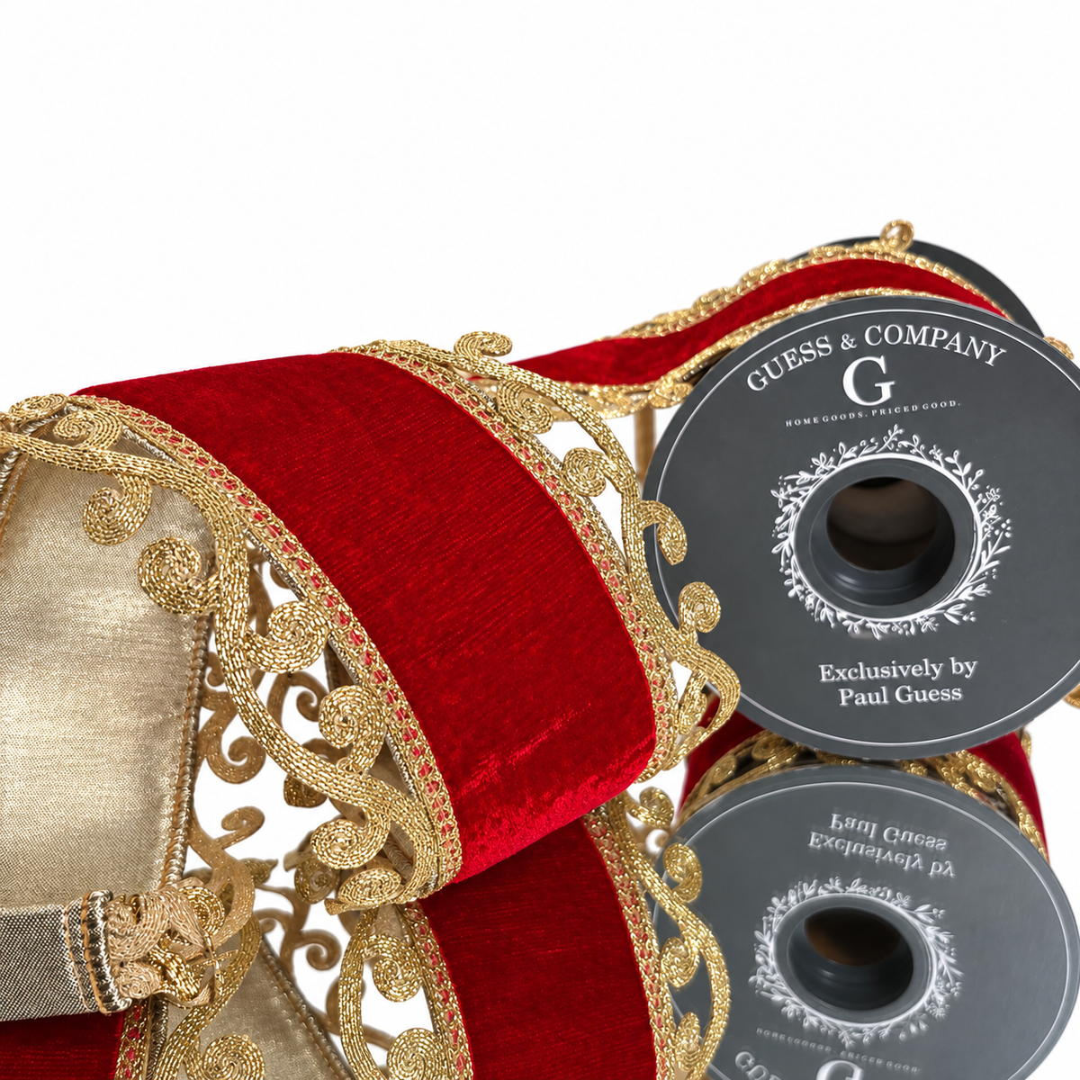 4"X5YD TRIM ON RED PLUSH VELVET WITH METALLIC DUPION BACK RIBBON