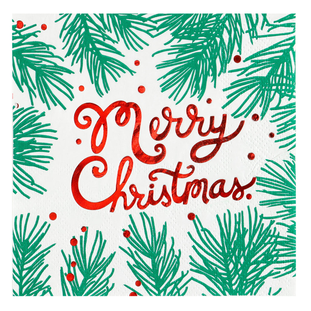 Pine Bough Merry Christmas Beverage Napkin..20 Pieces Per Pkg