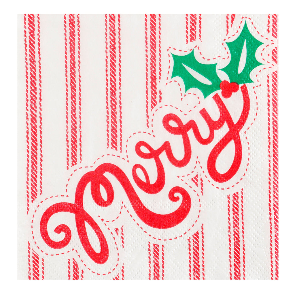 Merry On Red Ticking Beverage Napkin..20 Pieces Per Pkg