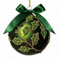4" Diameter Glass Ball Green with Holly Beaded Design and Bow