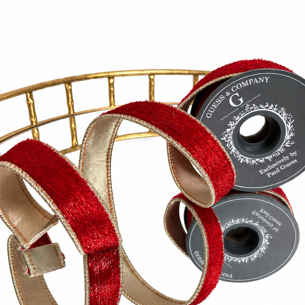 1"X5YD RED SHIMMER VELVET WITH LT GOLD METALLIC DUPION BACK RIBBON