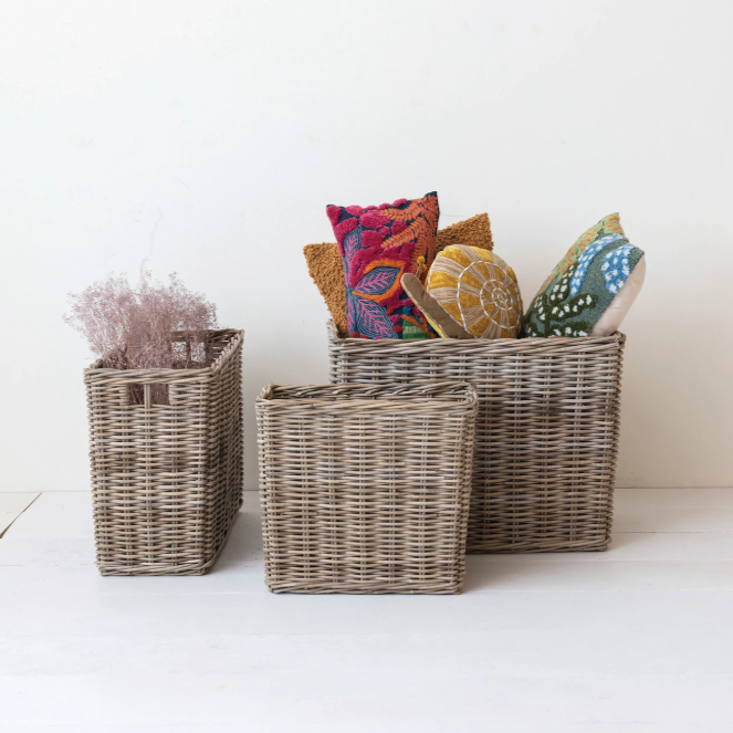 Woven Wicker Rattan Baskets w/ Handles, SMALL ONLY