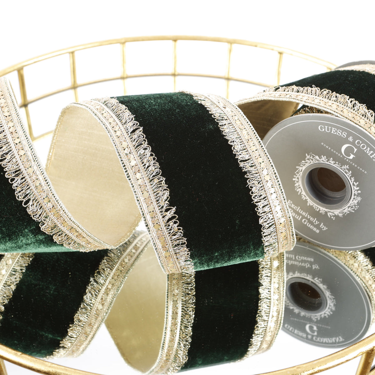 4"X 5 YD TRIM ON GREEN PLUSH VELVET WITH LIGHT GOLD METALLIC DUPION BACK