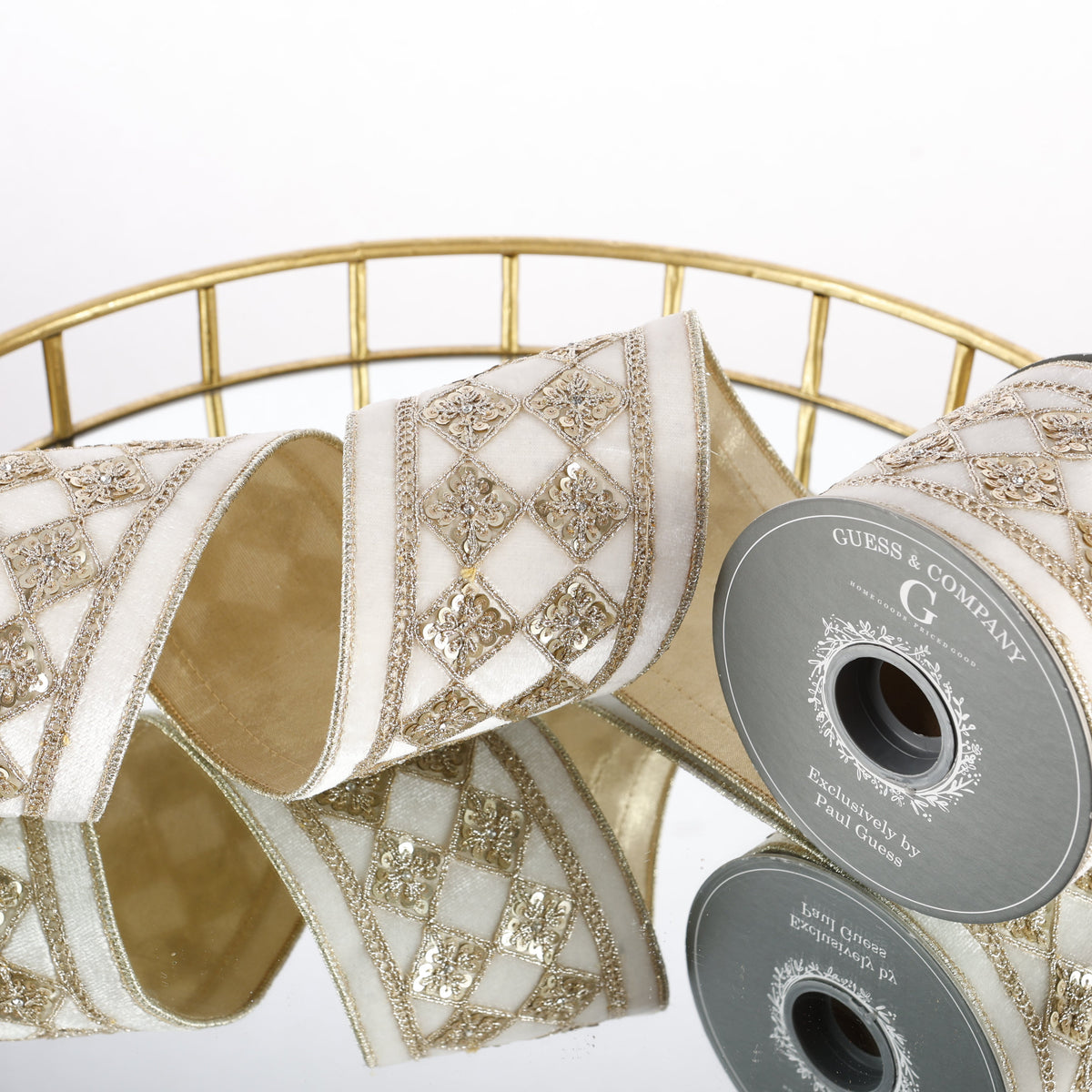 4"X 5 YD WHITE VELVET WITH GOLD DIAMOND DUPION BACKED RIBBON