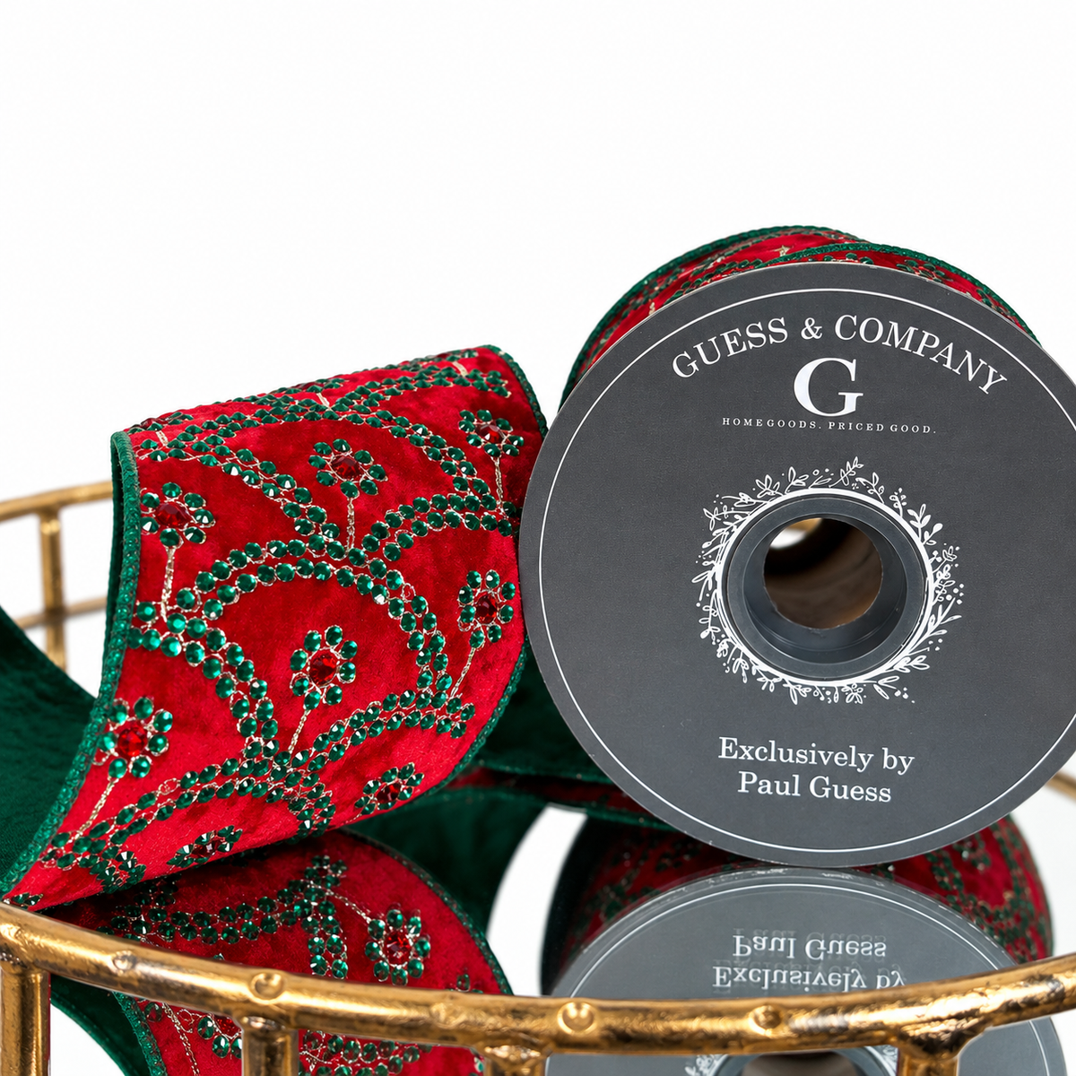 4"X5YD EMBROIDRED ON RED VELVET WITH GREEN LAME BACK RIBBON